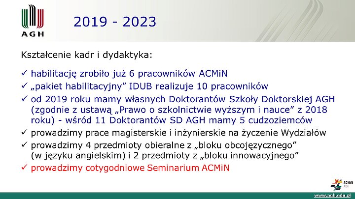 slajd prezentacji podsumowującej 10 lat działalności ACMiN