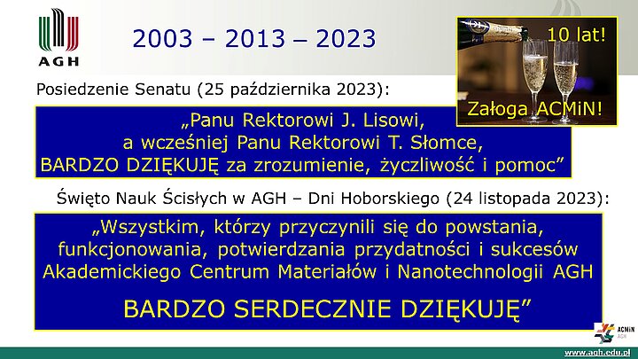 slajd prezentacji podsumowującej 10 lat działalności ACMiN