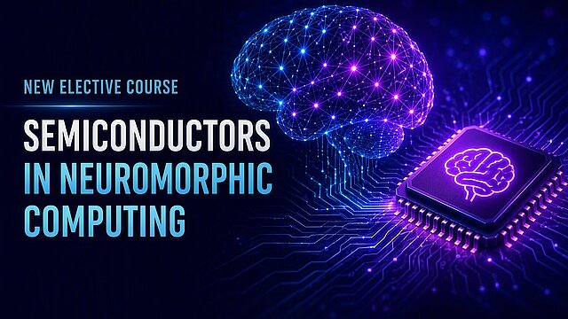 Grafika promująca przedmiot obieralny „Semiconductors in Neuromorphic Computing”. Przedstawia cyfrowy model mózgu połączony z układem scalonym symbolizującym obliczenia neuromorficzne.Grafika promująca przedmiot obieralny „Semiconductors in Neuromorphic Computing”. Przedstawia cyfrowy model mózgu połączony z układem scalonym symbolizującym obliczenia neuromorficzne.