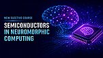 Grafika promująca przedmiot obieralny „Semiconductors in Neuromorphic Computing”. Przedstawia cyfrowy model mózgu połączony z układem scalonym symbolizującym obliczenia neuromorficzne. Grafika wygenerowana przez AI.