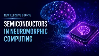 Grafika promująca przedmiot obieralny „Semiconductors in Neuromorphic Computing”. Przedstawia cyfrowy model mózgu połączony z układem scalonym symbolizującym obliczenia neuromorficzne. Grafika wygenerowana przez AI.