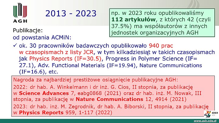 slajd prezentacji podsumowującej 10 lat działalności ACMiN